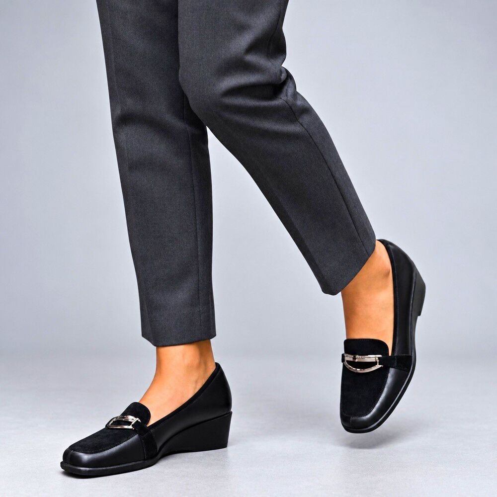 Aerosoles Womens 11 Black Wedge Loafers Suede Leather Buckle Comfort Shoes